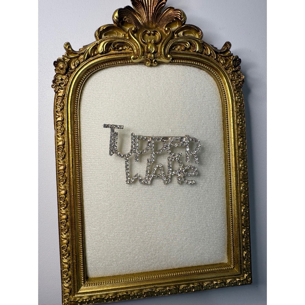 Vintage Tupperware Rhinestone Script Brooch Silver Tone Logo Pin Jewelry Kitsch